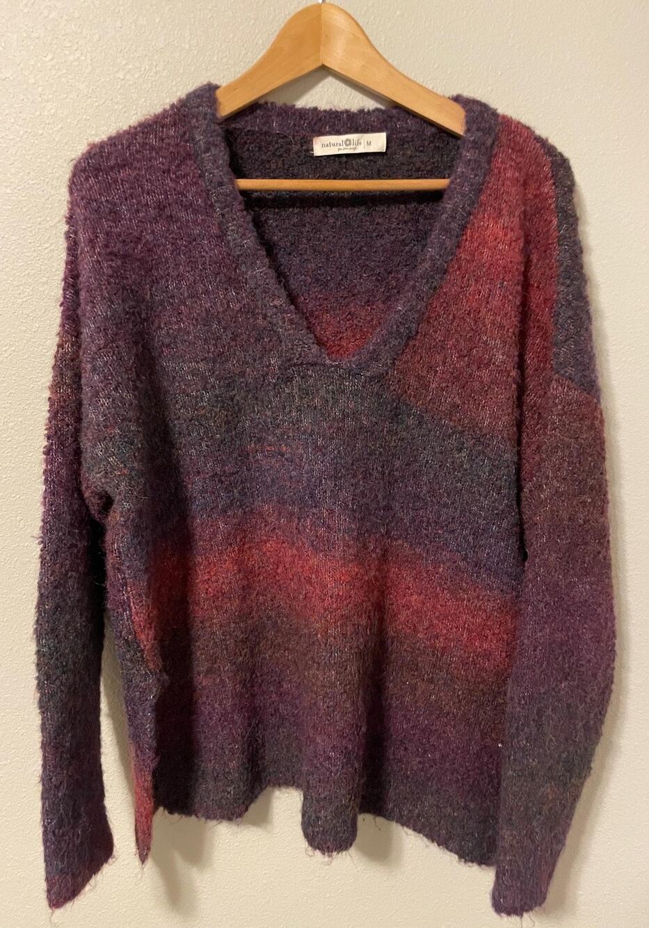 Natural Life Sweater Womens Medium Dark Red Purple Stripe Wool Fuzzy Soft Boho